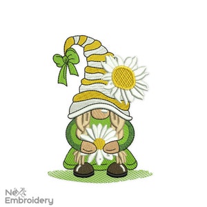 Daisy Gnome Embroidery Design, Spring Embroidery Design, Smile Daisy Floral Flower Positivity Gardener Florist Embroidery, Instant Download