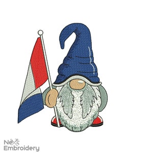 May include: A cartoon gnome wearing a blue hat and red shoes holds a red, white, and blue flag.