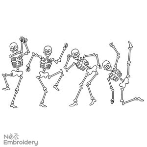 May include: Four black and white line drawings of skeletons dancing. The skeletons are in various poses, with their arms and legs outstretched.