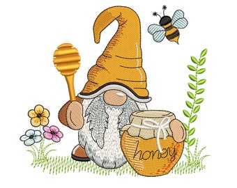 May include: A yellow gnome with a long, pointed hat holds a honey dipper and a jar of honey that says "honey". A bee flies above the gnome, and there are green leaves and flowers in the background.