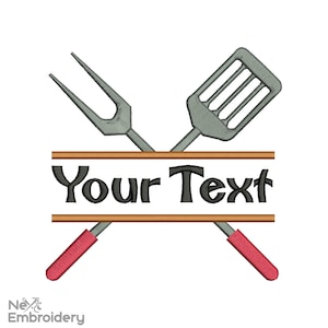 May include: A gray spatula and fork crossed over each other with red handles. The tools are positioned above a brown banner with the text "Your Text" in black.