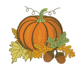 May include: An orange pumpkin with a green stem and brown leaves. Two brown acorns are attached to the leaves.