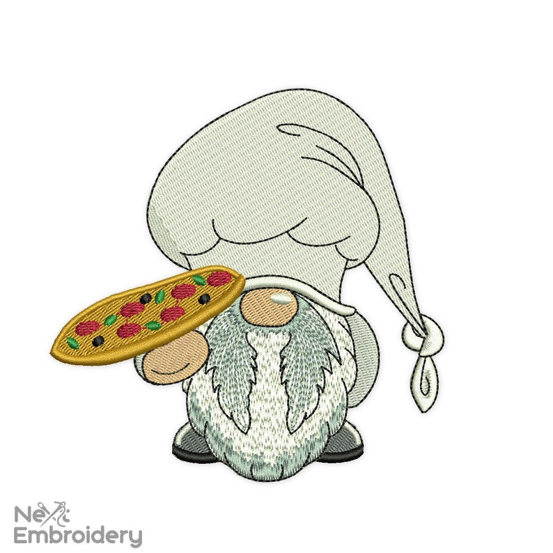 Op de afbeelding: Een cartoon-dwerg met een witte koksmuts houdt een pizza vast met rode pepperoni, groene paprika's en zwarte olijven.