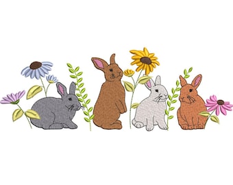 Motif de broderie floral lapin. Motifs de broderie printemps lapin de Pâques. Téléchargement instantané