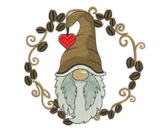 Coffee Gnome Wreath Embroidery Design, Teatowel Design (Instant Download)