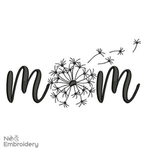 Może przedstawiać: Czarno-biały wzór haftu z napisem "mom" z mniszkiem lekarskim w środku i mniejszymi mniszkami lekarskimi unoszącymi się w powietrzu.