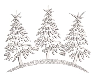 May include: Embroidered design of three white stylized Christmas trees with star toppers on a white background.