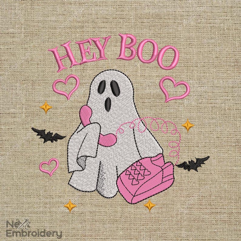 May include: Pink embroidered design of a ghost holding a pink phone with the text "Hey Boo" and hearts around the ghost.