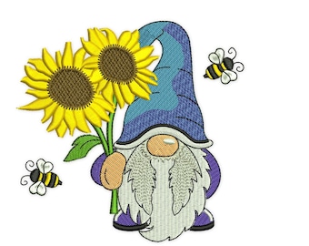 Bee Gnome Embroidery Design: Summer Sunflowers (Instant Download)