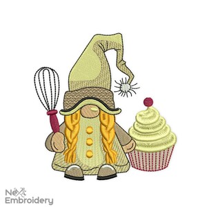 Op de afbeelding: Een gele gnome met een rode garde en een gele cupcake met rode en witte strepen. De gnome draagt ​​een bruine hoed met een witte pompon.