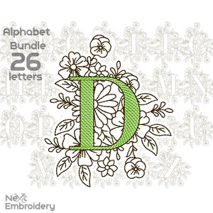 Diseño de bordado floral con alfabeto. Diseño de bordado de letras con flores, monograma floral, descarga instantánea