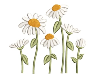 May include: An embroidery design featuring six white daisies with yellow centres and green stems. The daisies are arranged in a cluster, with the tallest stem in the centre.