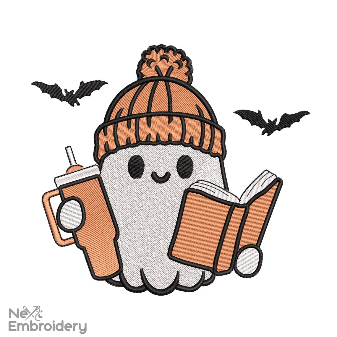 Ghost with Book  Embroidery Design. Halloween Ghost Embroidery Design, Boo Embroidery, Bookish Machine Embroidery Files,