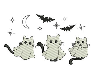 Katze Geist Stickmuster, drei Halloween Geist Katze Stickmuster, Boo Kätzchen Stickerei, Halloween Katze Maschinenstickdateien,