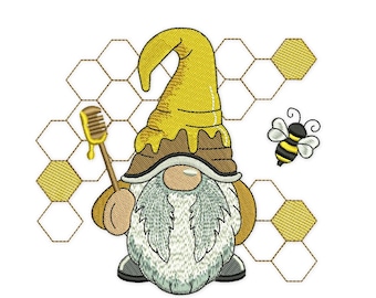 May include: A yellow gnome with a honey pot hat and a honey dipper. The gnome is standing in front of a honeycomb pattern with a bee flying to the right.