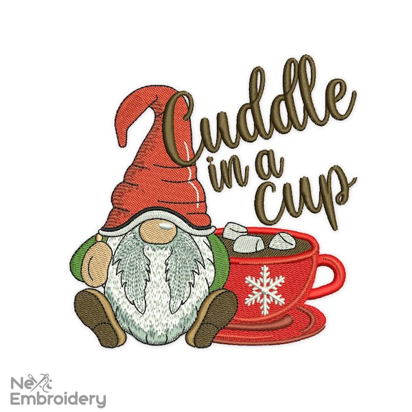 Hot Chocolate Gnome Embroidery Design, Cuddle in a Cup Embroidery Design, Teatowel embroidery design,