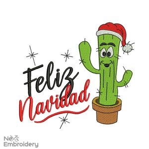 May include: A green cactus wearing a red Santa hat and a pot with the text "Feliz Navidad" in red and black lettering.