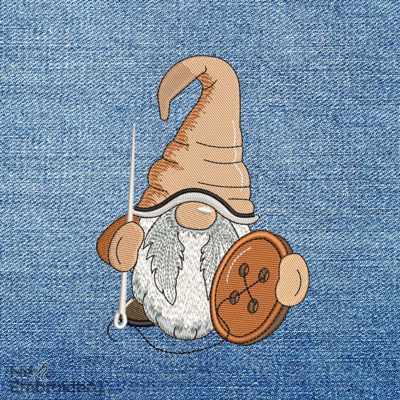 May include: Embroidered gnome holding a needle and thread with a large brown button. The gnome is wearing a brown hat and has a white beard.