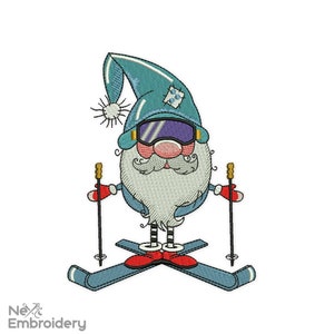 May include: A cartoon gnome wearing a blue hat and goggles is skiing down a snowy mountain. The gnome has a white beard and is holding ski poles. The gnome is wearing red boots and blue skis.