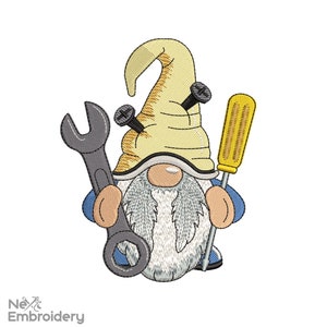 Diseño de bordado de gnomo mecánico, llave inglesa y destornillador (descarga instantánea)