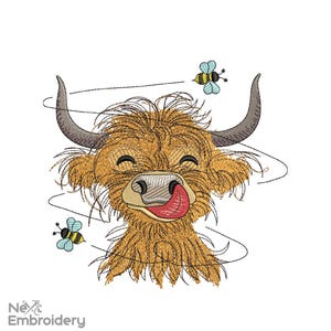 Baby Fun Highland Kuh Stickdatei, süßes Lächeln auf dem Bauernhof Stickdatei, sofort download