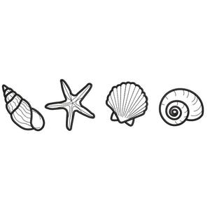 May include: A black and white illustration of four seashells. The illustration includes a conch shell, a scallop shell, a starfish, and a spiral shell.