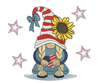 Patriotic Girl Gnome Embroidery Design, 4th July Machine Embroidery (Instant Download)