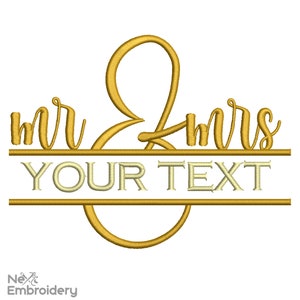 Puede incluir: Diseño de bordado dorado con el texto "mr & mrs" y un espacio para "tu texto" debajo.