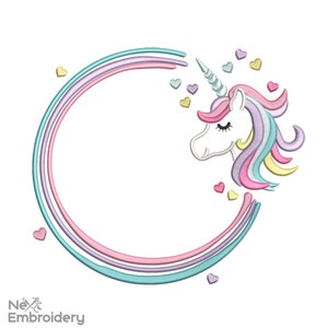 May include: A white unicorn with a pink, yellow, and blue mane and tail is peeking out from a circle of rainbow stripes. The unicorn has a gold horn and closed eyes. There are small pink, yellow, and gold hearts scattered around the unicorn and circle.