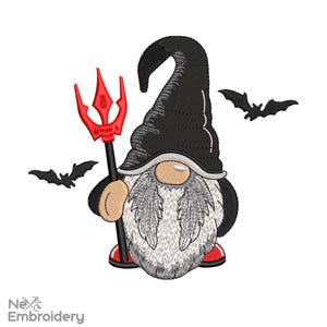May include: Embroidered Halloween gnome wearing a black hat and holding a red trident. The gnome has a long white beard and is wearing red shoes. Two black bat silhouettes are in the background. The image is from Next Embroidery.