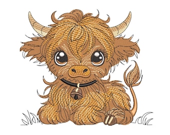 May include: A brown and white Highland cow with big eyes and a bell around its neck. The cow is sitting on its haunches with its tail curled up.