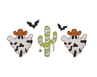 Halloween Ghost Cow Embroidery Design. Halloween Western Embroidery, Halloween Cowboy Machine Embroidery, Halloween Cow Tee,