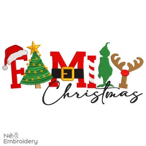 May include: Red, green, and brown embroidery design with the text "Family Christmas". The design includes a Christmas tree, Santa hat, candy cane, Grinch, and reindeer.
