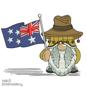 May include: A cartoon gnome wearing a brown hat with a yellow and brown body and a white beard. The gnome is holding an Australian flag with a red Union Jack and white stars.