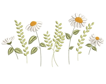 Puede incluir: Diseño bordado de una fila de margaritas blancas con centros amarillos y hojas verdes. Las margaritas están dispuestas en una línea con tallos que se extienden hacia arriba. El diseño es adecuado para proyectos de bordado.