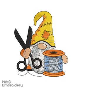 May include: A yellow gnome with a patched hat holds a pair of scissors and a spool of thread. The gnome has a white beard and is holding the scissors in its right hand and the spool of thread in its left hand.