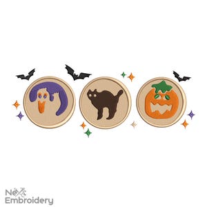 May include: Embroidered Halloween-themed patches featuring a purple ghost, a black cat, and an orange jack-o'-lantern. Each patch is circular with a tan background, surrounded by stars and bats.