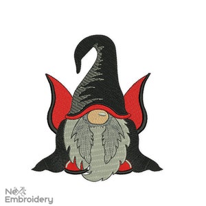 May include: A gray gnome wearing a black pointed hat with a red trim and a black cape with red lining. The gnome has a long white beard and a red nose.