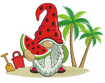 Beach Gnome with Watermelon Embroidery Design, Instant Download