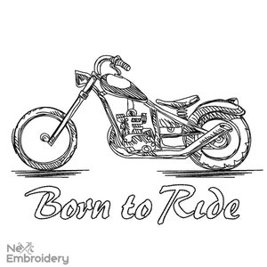 Op de afbeelding: Een zwart-witte lijntekening van een motorfiets met de tekst "Born to Ride" eronder.