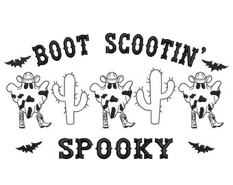 Boot Scootin Embroidery Design. Halloween Dancing Ghost Western Embroidery, Halloween Cowboy Machine Embroidery, Halloween Cow Tee, Spooky
