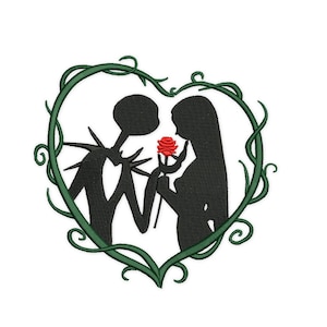May include: Silhouette of a couple, Jack Skellington and Sally, from The Nightmare Before Christmas, standing inside a green heart-shaped vine. Jack is holding a red rose.