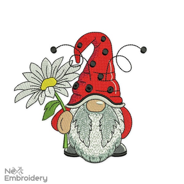Marguerite Ladybug Gnome Embroidery Design, Summer Embroidery Designs, Instant Download