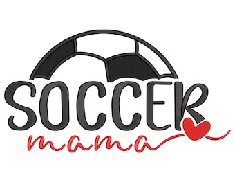 May include: Black and white soccer ball with the text "SOCCER mama" in black with a red heart.