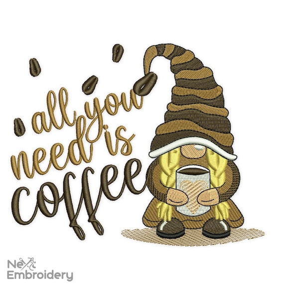 Coffee Gnome Embroidery Design: Coffee Lover Gift (Instant Download)