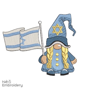 May include: An embroidered gnome wearing a blue hat with a gold Star of David and holding an Israeli flag. The gnome has blonde braids, a long white beard, and a blue outfit with gold buttons. The flag has blue stripes and a Star of David.