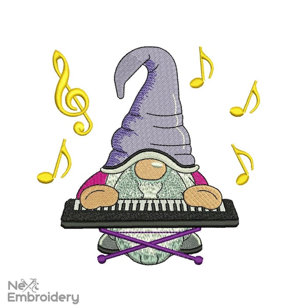 Piano Gnome Embroidery Design. Music, Note keyboard embroidery design. 4 sizes. Instant Download