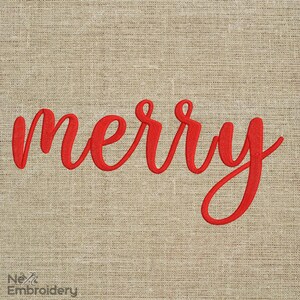 May include: Red embroidered "merry" on a beige burlap background.