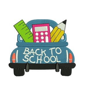 May include: A blue pickup truck with a bed full of school supplies, including a ruler, calculator, and pencil. The truck has the words "Back to School" written on the back.