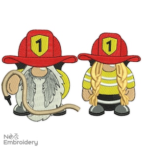 Può includere: Due gnomi ricamati vestiti da pompieri. Gli gnomi indossano cappelli rossi con uno scudo giallo su cui è scritto "1". Lo gnomo a sinistra tiene un tubo.